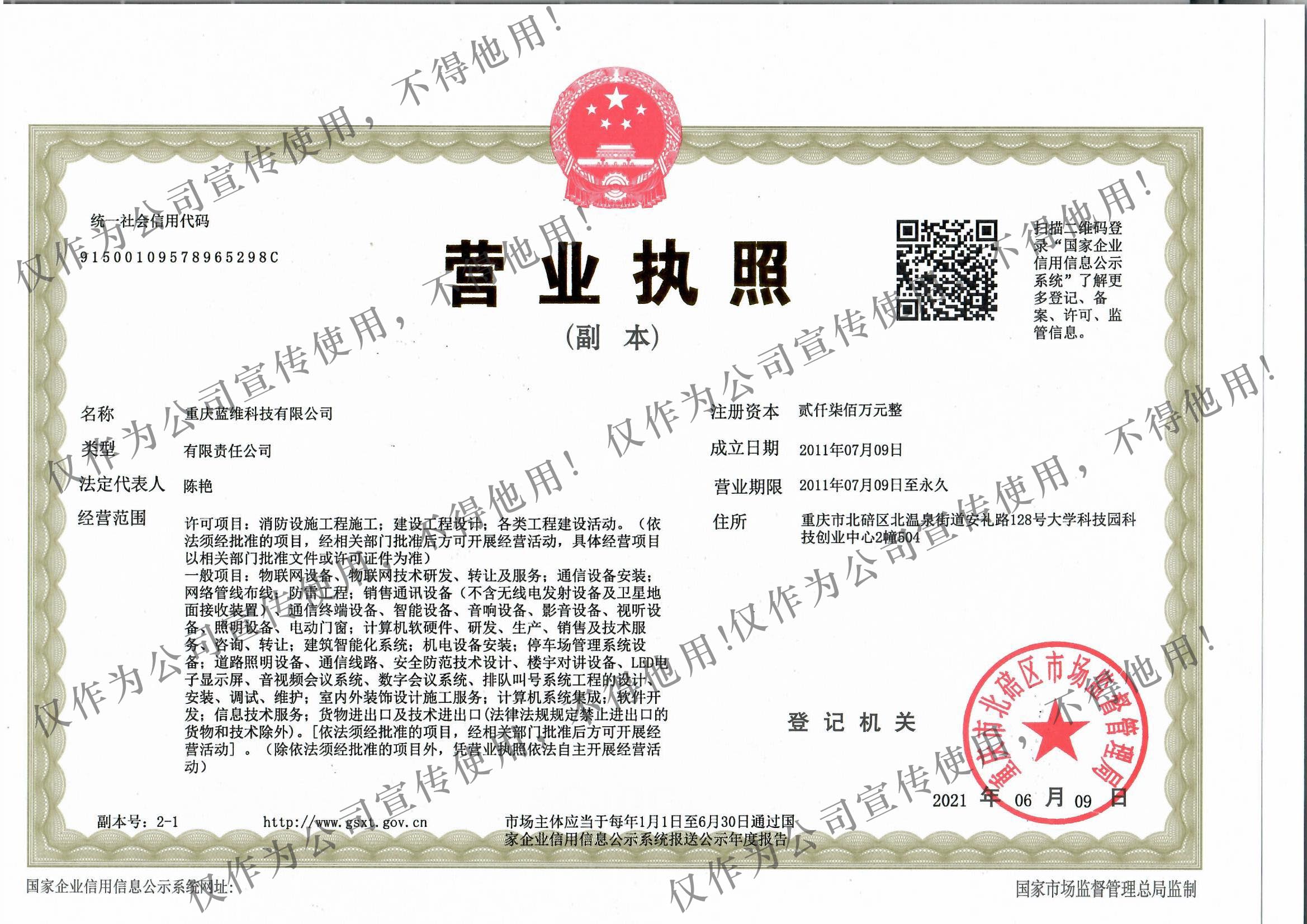 公司营业执照 - 重庆蓝维科技有限公司 | 蓝维科技